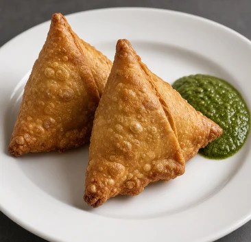 Samosas with green chutney at Pind Di Roti, Toronto