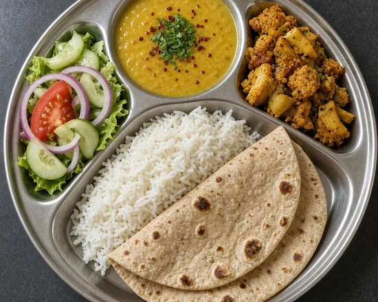 Homemade veg thali and tiffin at Pind Di Roti, Toronto, ON